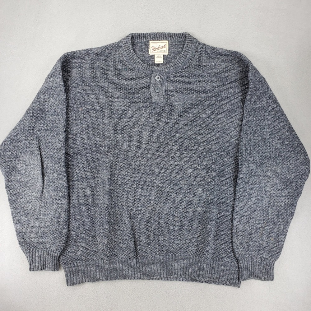 Woolrich Henley Sweater Mens XL Black Heather Marled Knit Ramie Cotton 9573